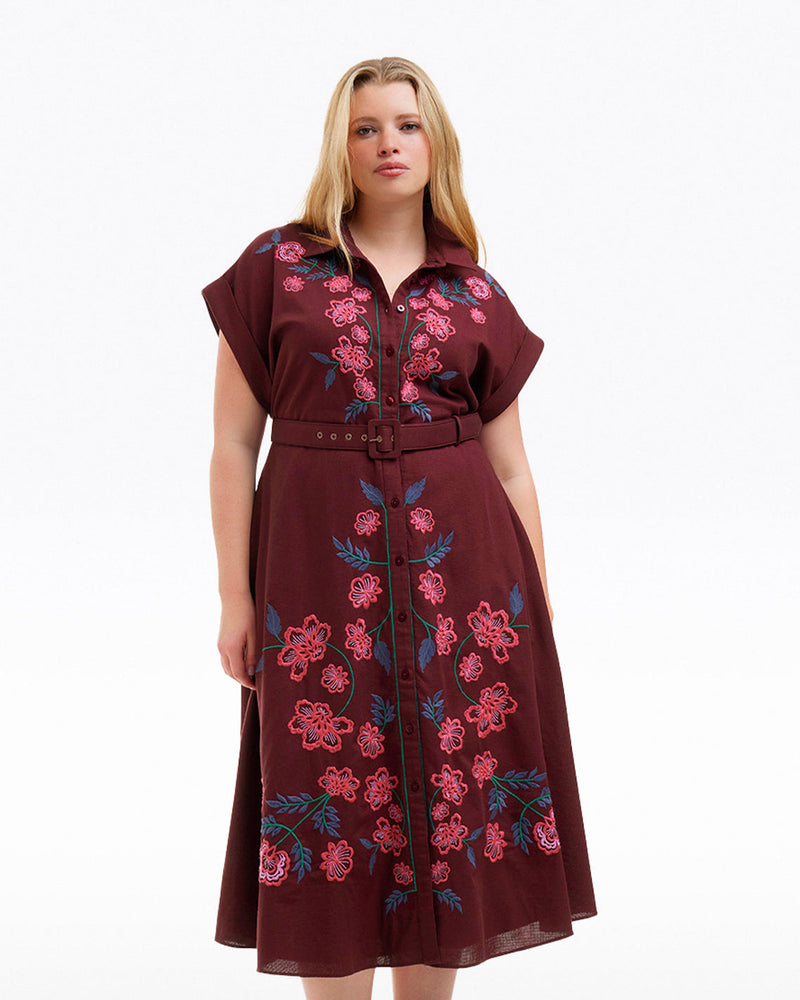 Presley Embroidered Midi Shirtdress in Raspberry Pink