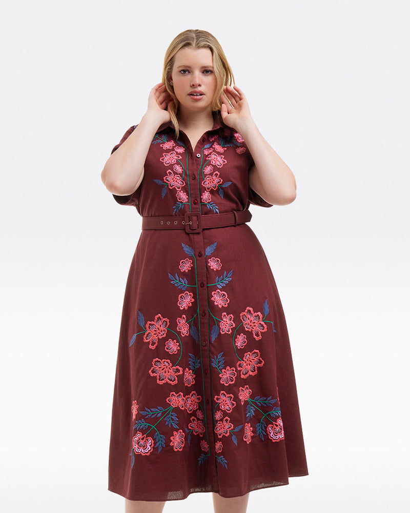 Presley Embroidered Midi Shirtdress in Raspberry Pink