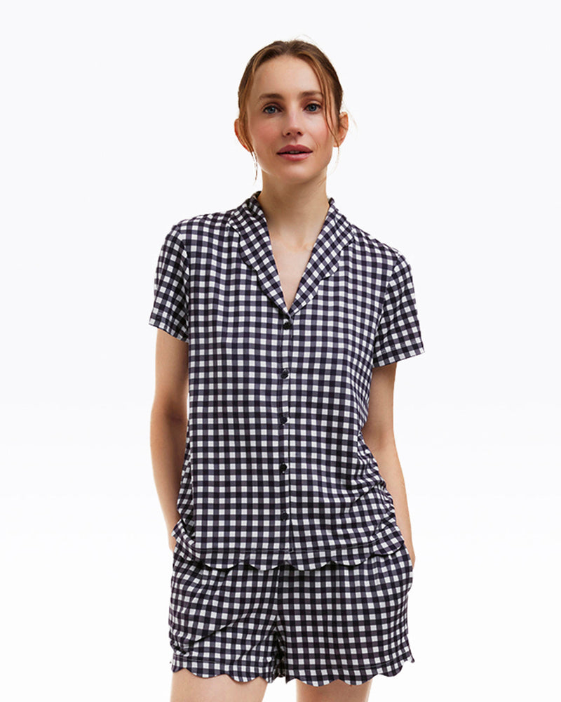 Scallop Sara Pajama Set in Navy Gingham