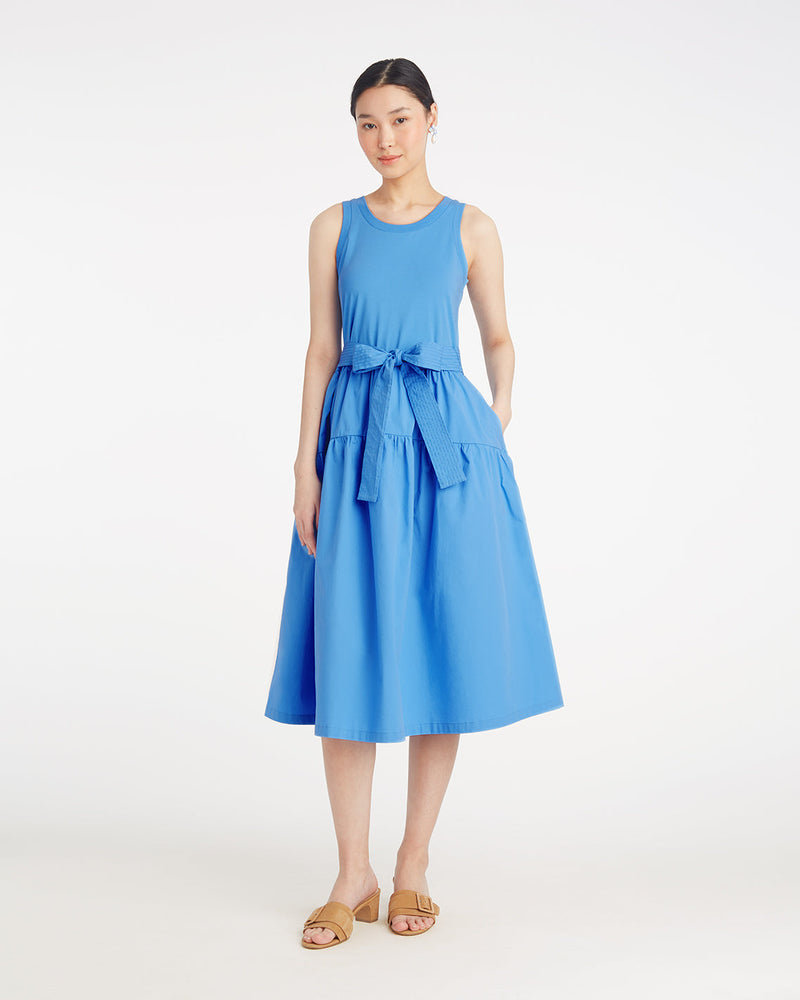 Lila Mixed Media Midi Dress in Light Blue