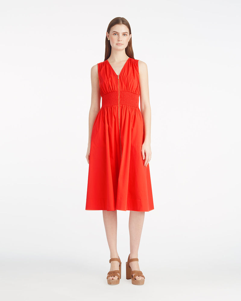 Amber Sleeveless Smocked Waist Midi Dress in Stretch Poplin