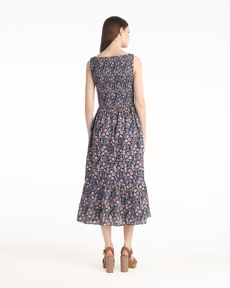 Wren Sleeveless Smocked Midi Dress in Twilight Vines