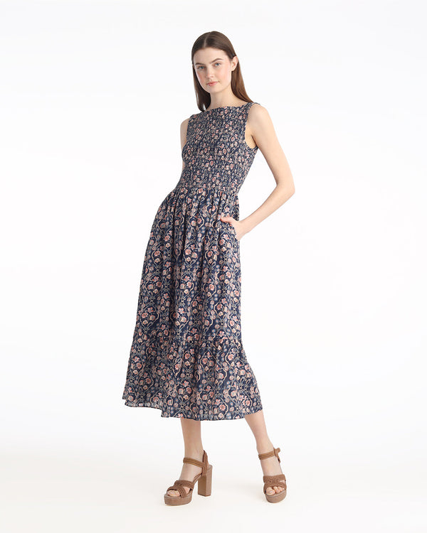 Wren Sleeveless Smocked Midi Dress in Twilight Vines